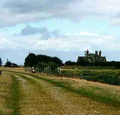 A countryside dirt road leading towards a house with a chimney, surrounded by fields and trees, under a cloudy sky.
