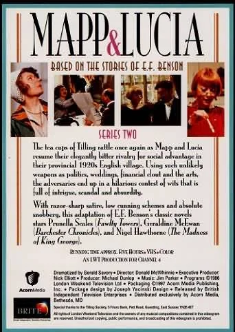 Video back cover for the TV series 'Mapp & Lucia,' based on the stories by E.F. Benson, showing images of the characters and cast, with detailed episode information and production credits.