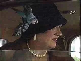Woman wearing a black hat with a bird perched on top, pearl necklace, and earrings, inside a car.