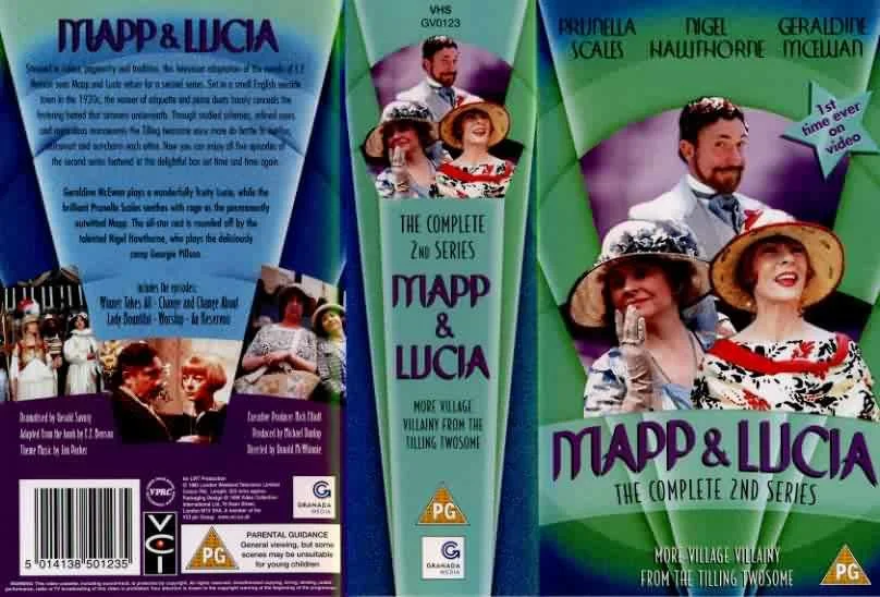 DVD cover art for the complete 2nd series of Mapp & Lucia. Features images of the main characters in period costumes, with a green and blue background and the title in purple. Includes ratings and credits.
