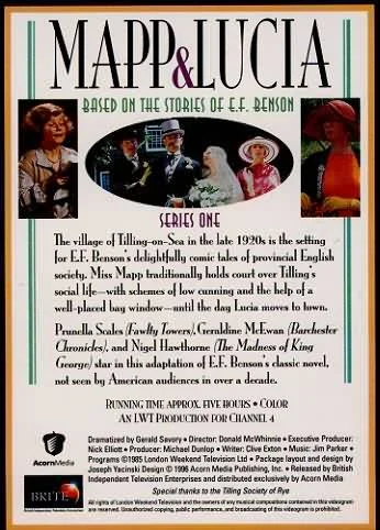 video back cover for 'Map & Lucia' series based on E.F. Benson's stories, features images of characters in early 20th-century attire, with text detailing the setting in 1920s Talling-on-Sea and cast members.