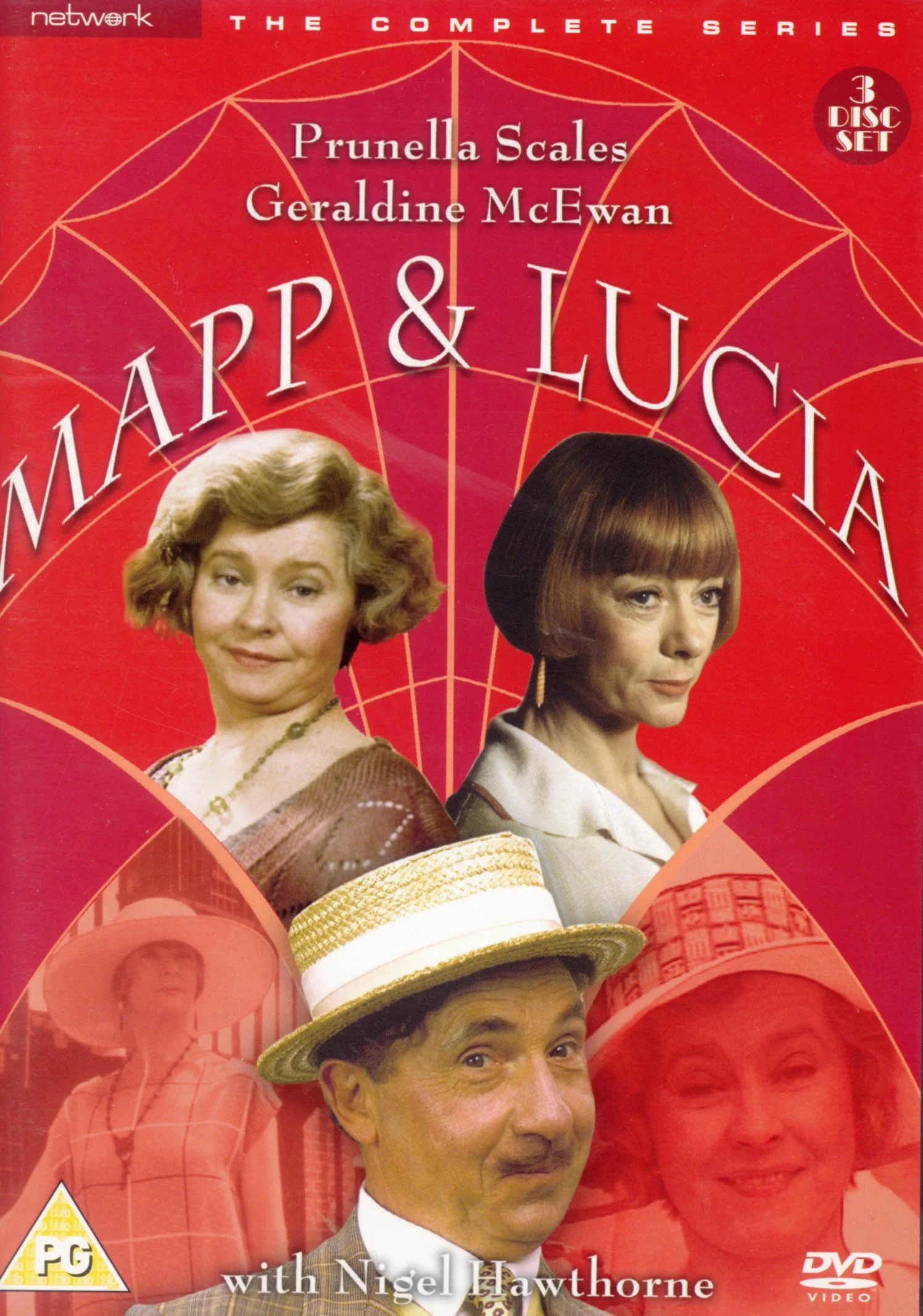 "Mapp and Lucia" DVD box set cover.  Text indicating a series titled 'Ma& Lucia,' with actors Prunella Scales and Geraldine McEwan, and noting it includes 'The Complete Series' on a 3-disc set, with DVD and PG rating.