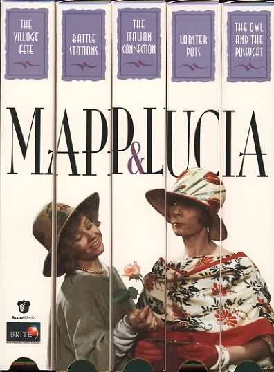 DVD cover featuring the title 'Mapp & Lucia' with illustrations of two women wearing hats and floral dresses, with titles for various chapters or sections at the top.