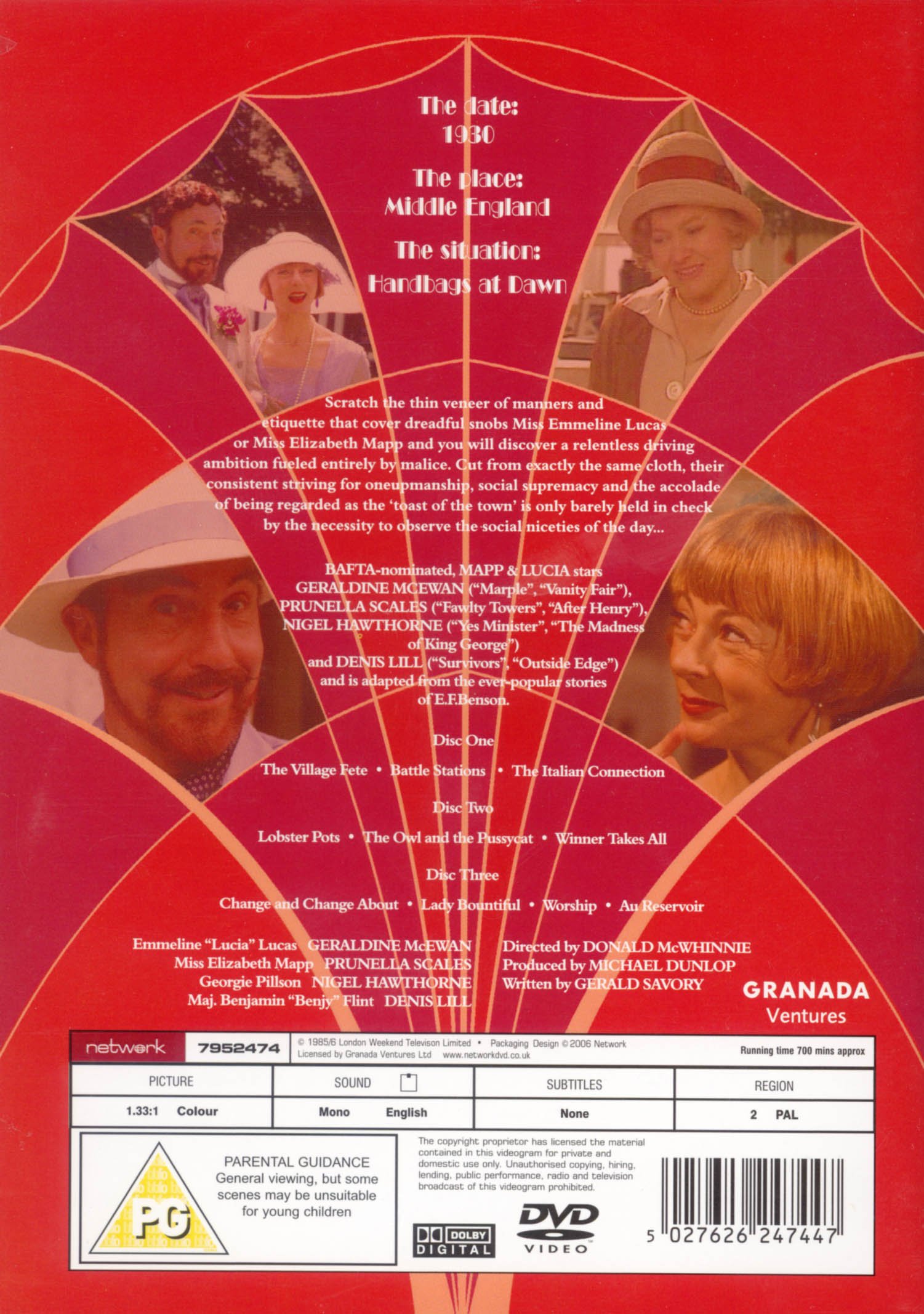 Back cover of a DVD case with a red and pink background featuring images of actors, text about a production called 'Mapp and Lucia', and technical details such as running time, region, format, and copyright information.