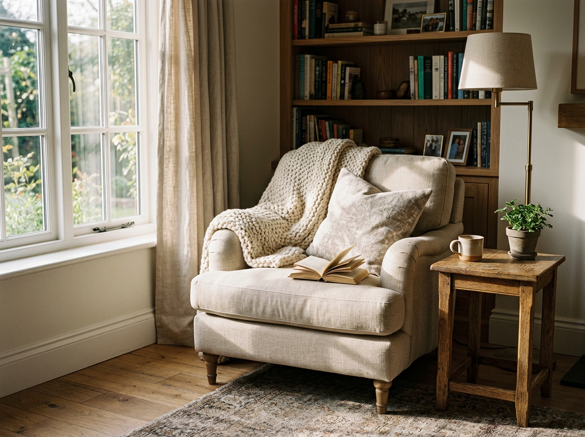 Cozy living room corner with a beige armchair, blanket, cushion, open book, side table with a potted plant, mug, and a standing lamp near a window with curtains, and a wooden bookshelf with framed photos and books behind.