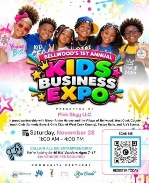 Colorful poster for Bellwood's 1st Annual Kids Business Expo, featuring smiling children and event details including date, time, and location.