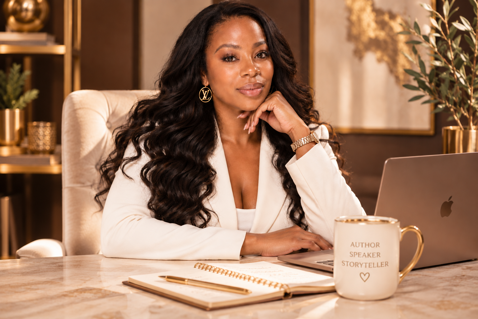 Author Trovise Martin in a white blazer beside her gold TM author logo