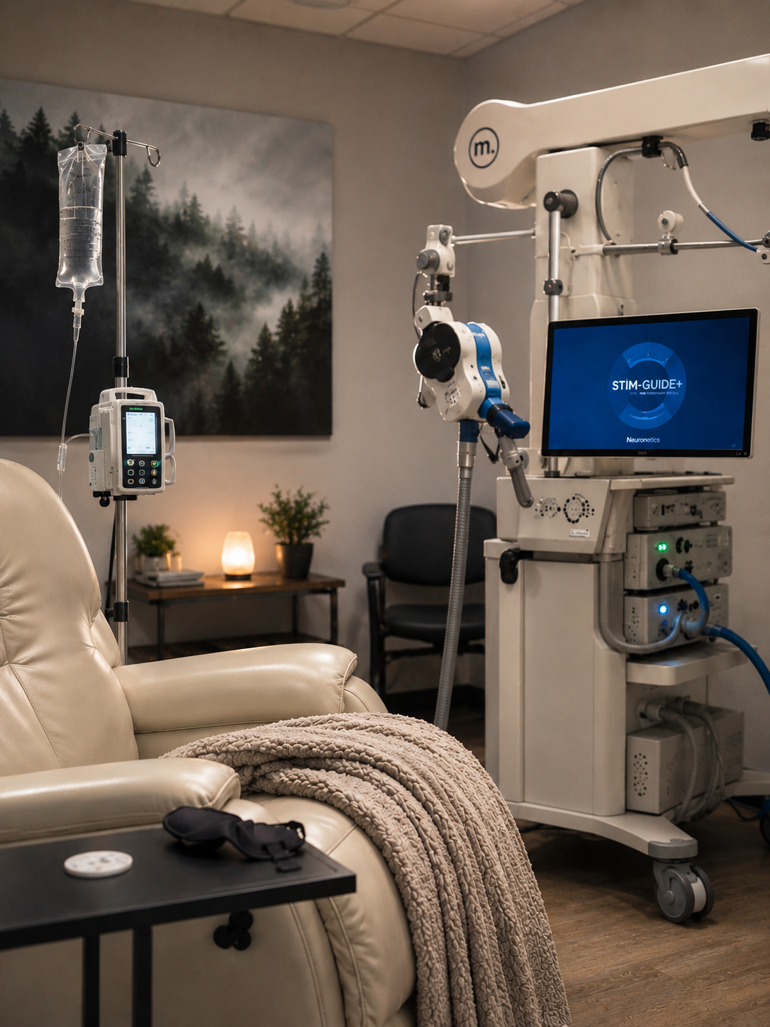 Medical room with a beige leather recliner, an infusion pole with IV and infusion pump, a medical device with a touchscreen, a monitor displaying 'STIM-GUIDE+', and advanced medical equipment, with a black chair, side table with plants and lamp, and a forest landscape painting on the wall.