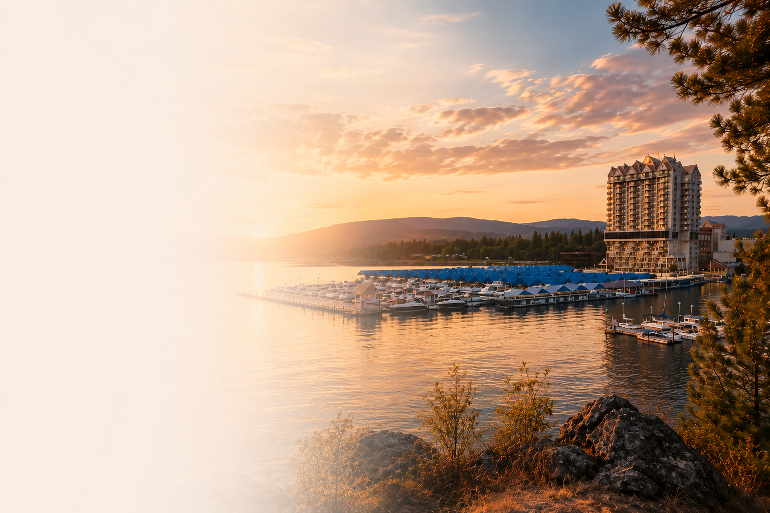 Sunset over a marina with boats docked at the piers, a tall building in the background, and mountains in the distance, with a tree on the right and rocks in the foreground.