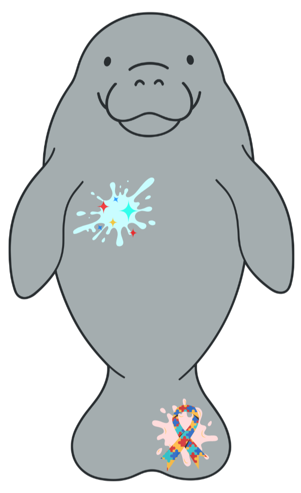 Gray cartoon manatee with a colorful awareness ribbon and sparkling water splash on its body