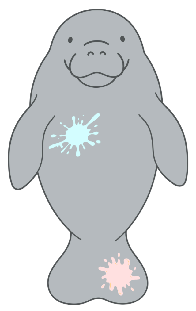Cute gray cartoon seal with blue and pink paint splatters on its body and tail
