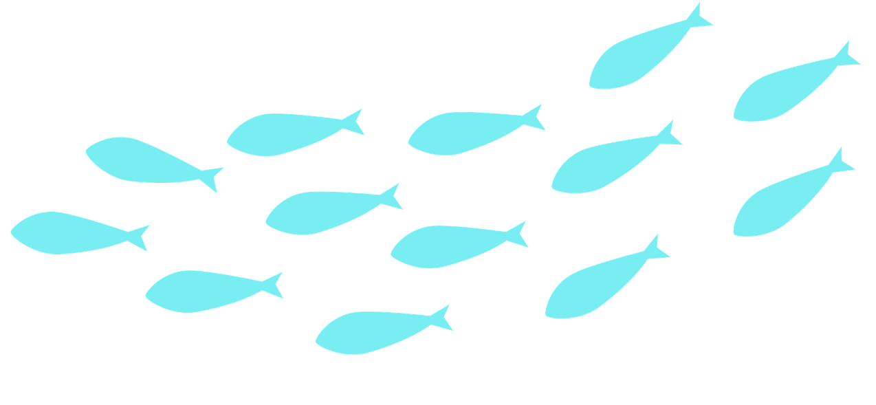 Group of turquoise fish silhouettes swimming against a black background