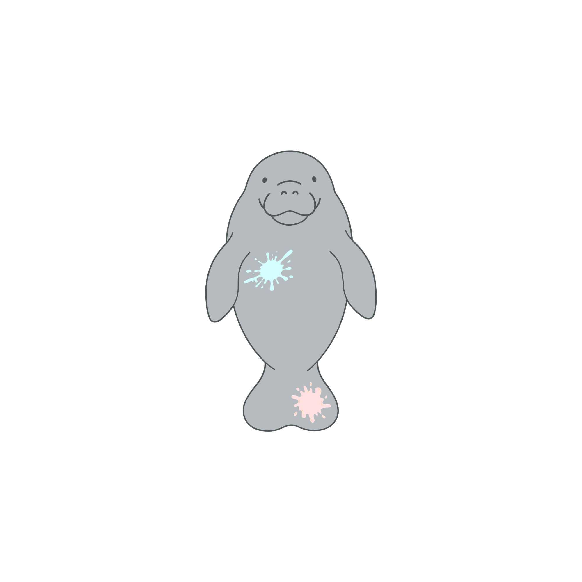 Gray cartoon seal with a big splash of water on its belly, standing against a black background.