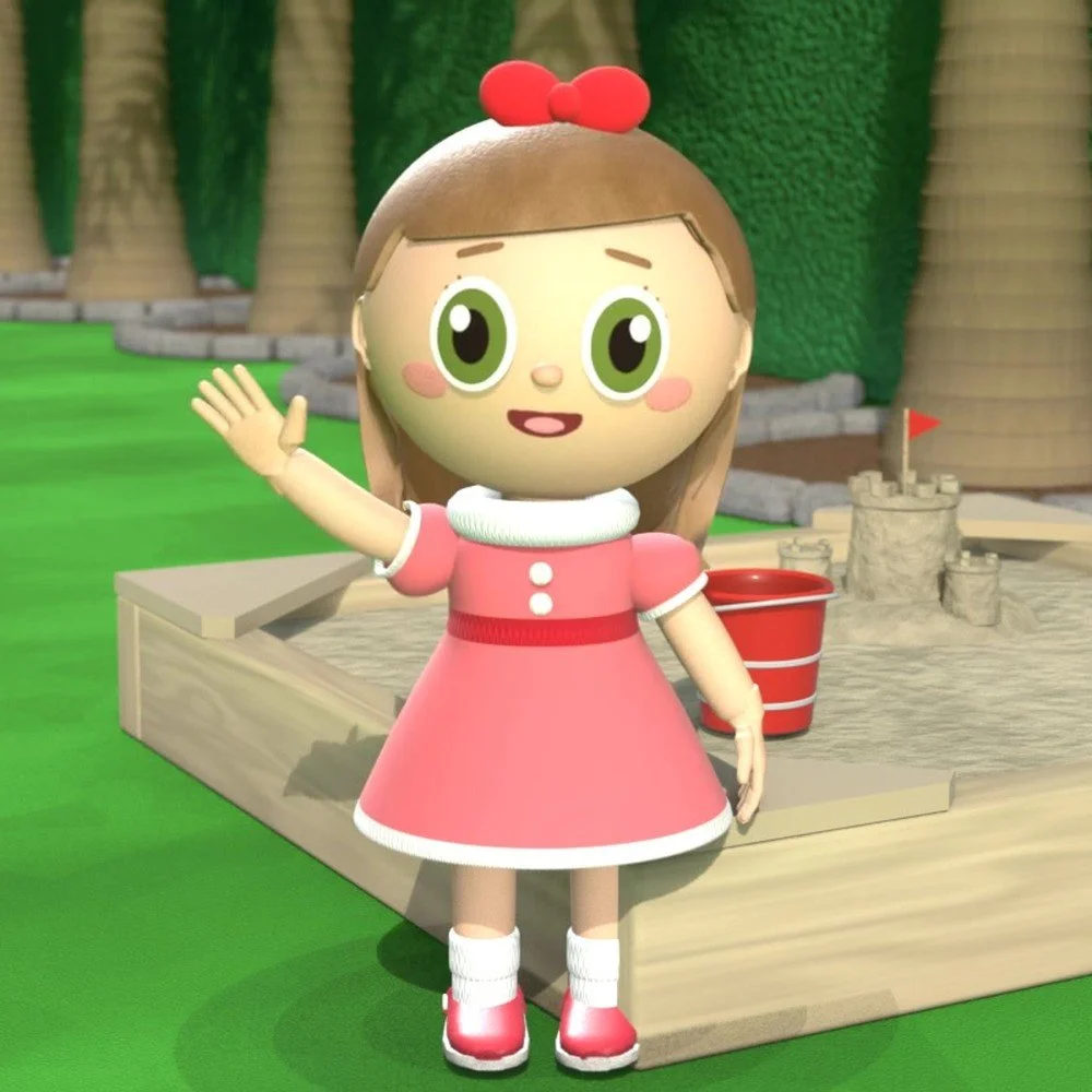Ana, a little girl with a red bow and a pink dress, waving by the sandbox