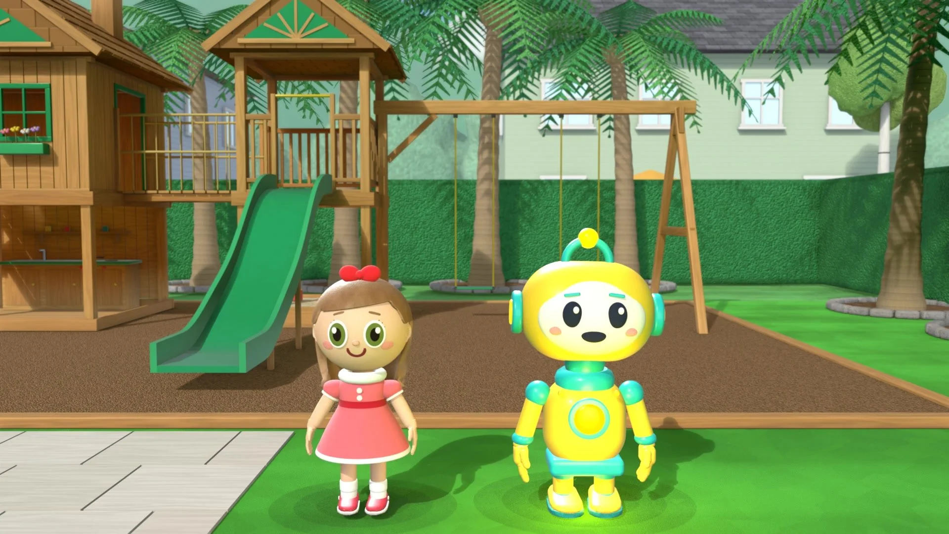 Ana and Pobo the robot standing together in the backyard by the playground
