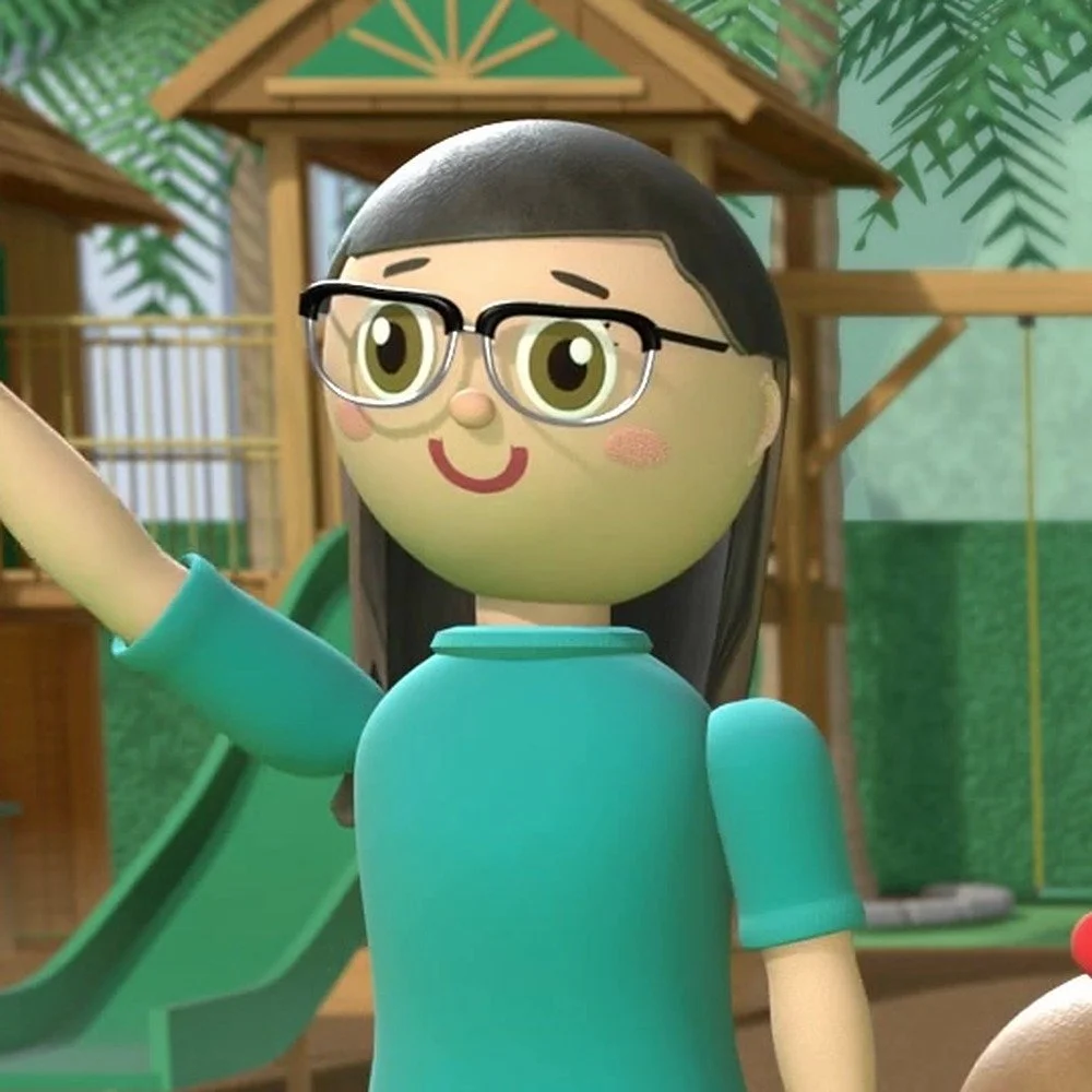 Mommy, smiling and waving, with long brown hair and glasses