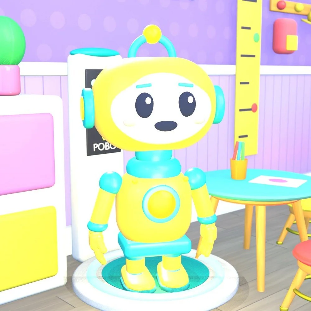 Pobo, a yellow child-size robot with a round light on his chest
