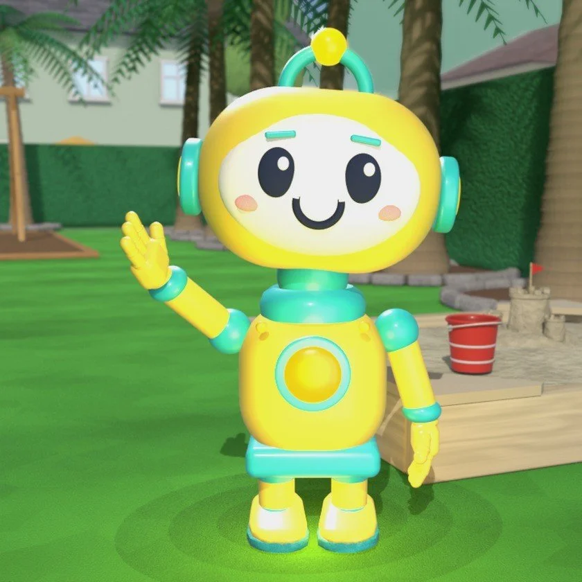 Pobo, a yellow child-size robot with a round light on his chest