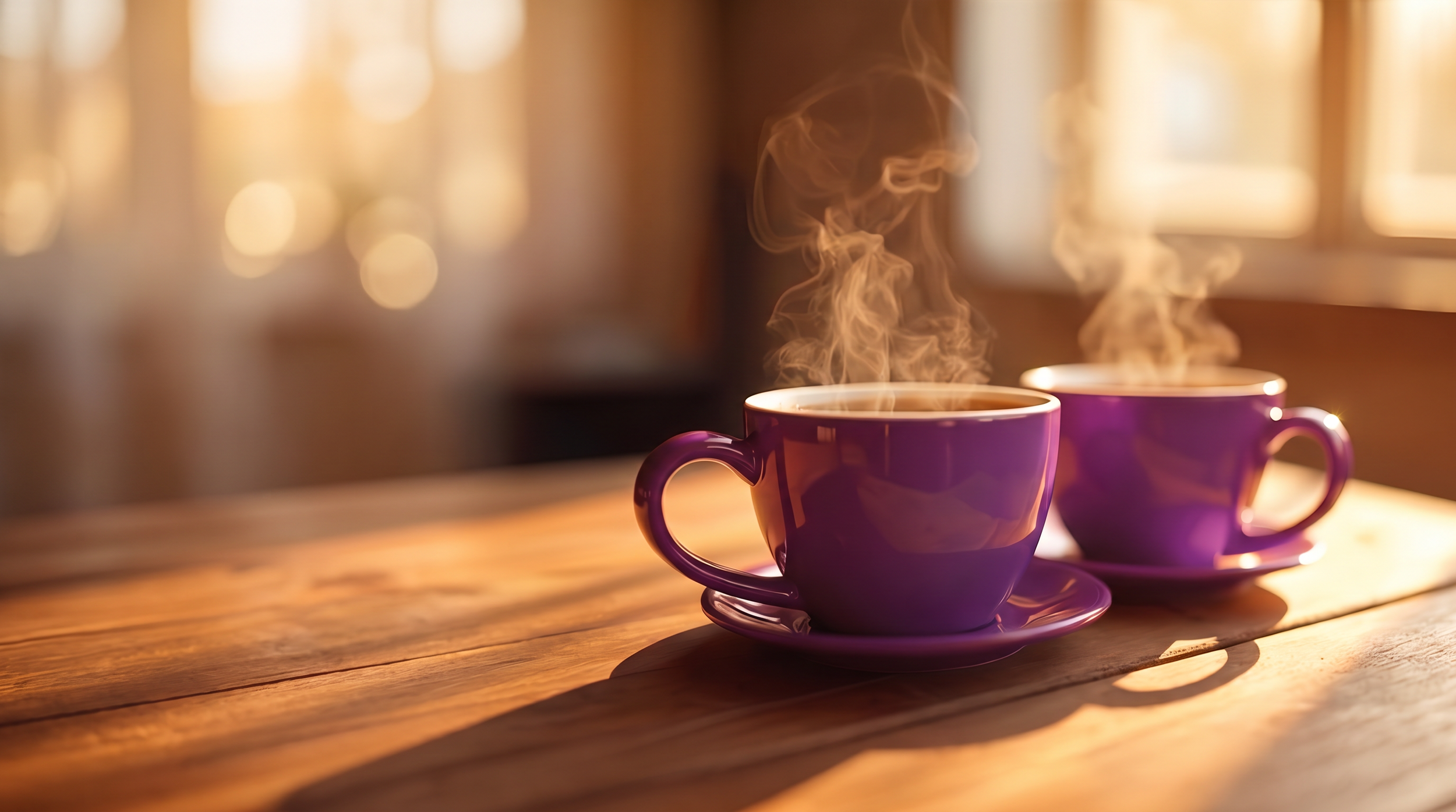 A warmly lit table top with two steaming mugs of coffee.