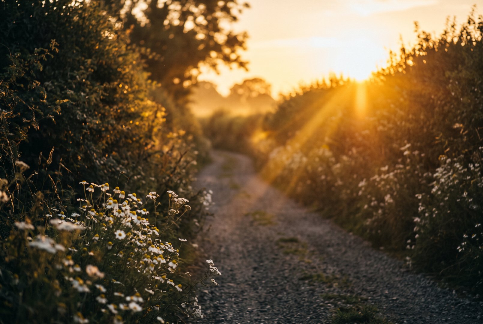 Tranquil path lined by wildflowers at sunset evoking a feeling of calm and hope.