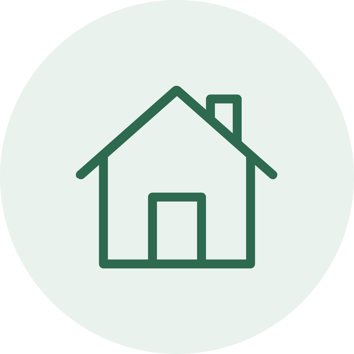 Outline of a house with a pitched roof, a chimney, and a rectangular door, inside a circular background.