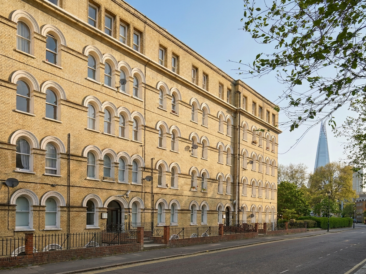 A yellow brick residential building with multiple arched windows on each floor, black iron fence, and a sidewalk in front. The Tower of