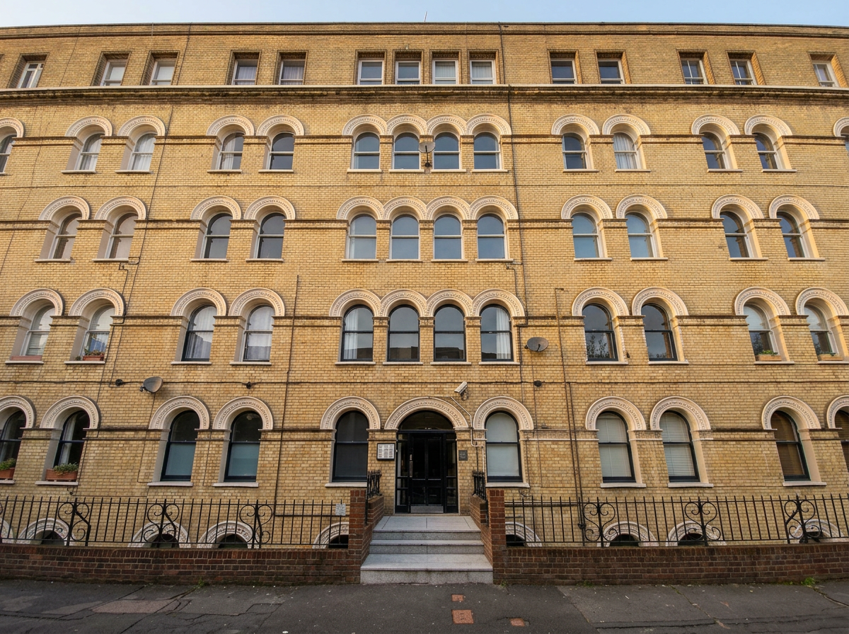 Facade of a multi-story brick apartment building with arched windows and a small iron fence in front.