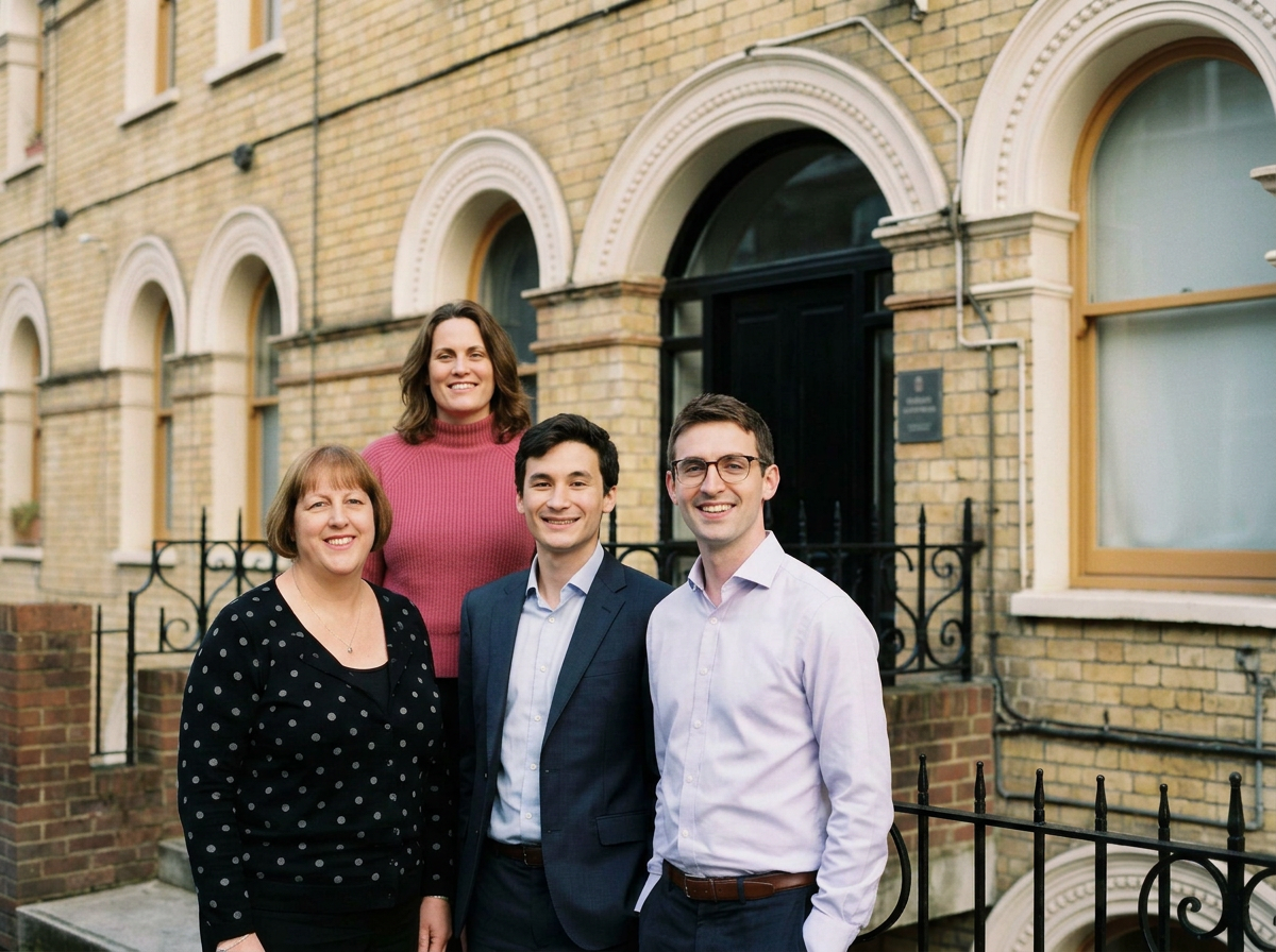 Four people standing outside of a brick building with arched windows, smiling at the camera.