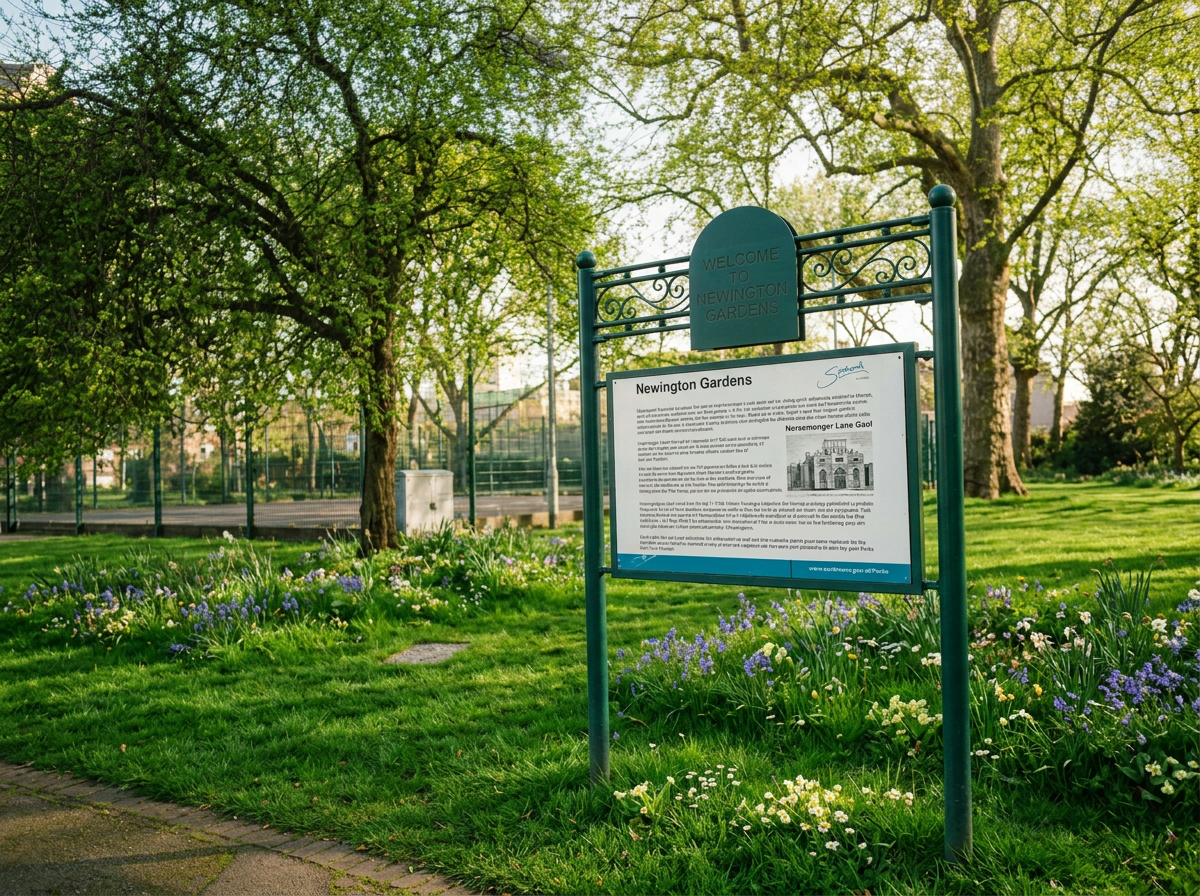 A park entrance sign for Newington Gardens with a description board, green grass, flowering plants, trees, and tennis courts in the background during daylight.