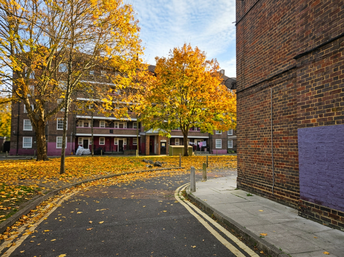 A quiet street scene in autumn featuring trees with yellow and orange leaves, a curved road covered with fallen leaves, a brick building on the right, and a residential apartment building in the background under a partly cloudy sky.