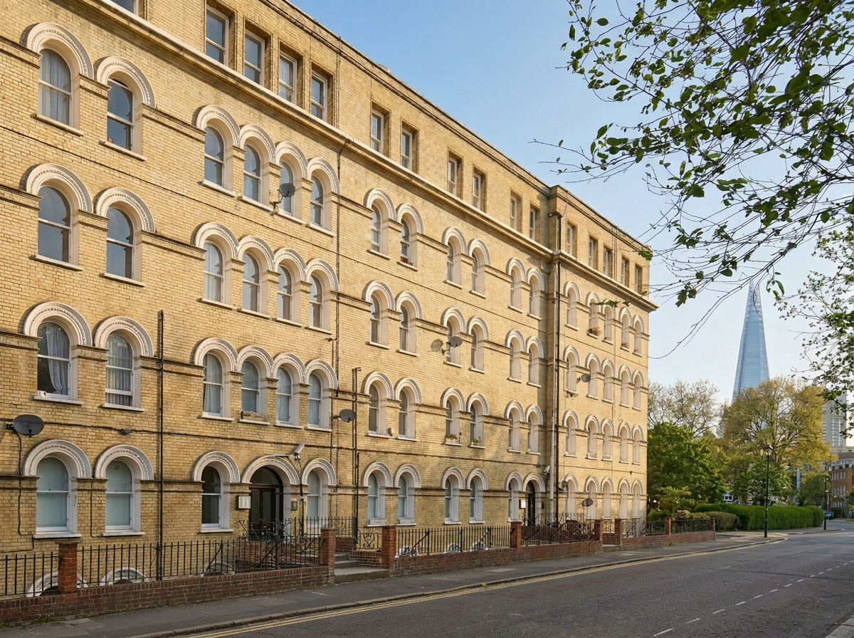 A multi-story beige brick apartment building with arched windows along a quiet street in London, with the Shard skyscraper visible in the background.
