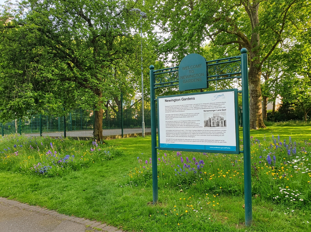Entrance sign at Newington Gardens with informational board, green trees, and colorful spring flowers including purple, yellow, and white blooms.