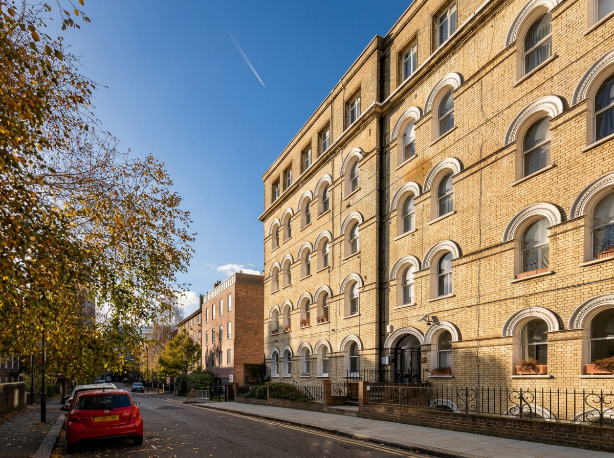A street with parked cars on the left and a large, yellow brick residential building with arched windows on the right. Trees with autumn-colored leaves line the sidewalk, and the sky is clear with a visible contrail.