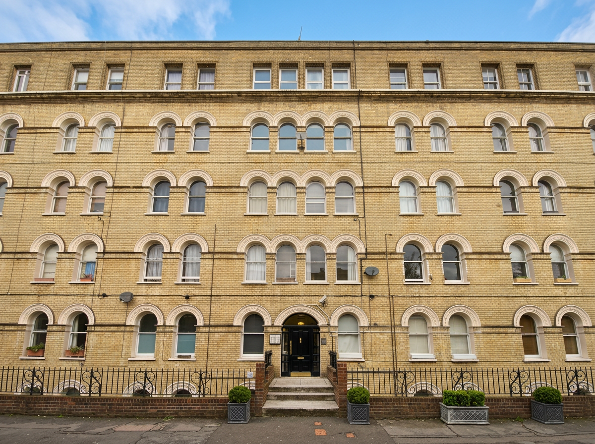 A multi-story brick residential building with arched windows and a black door entrance, surrounded by small potted plants and a metal fence.