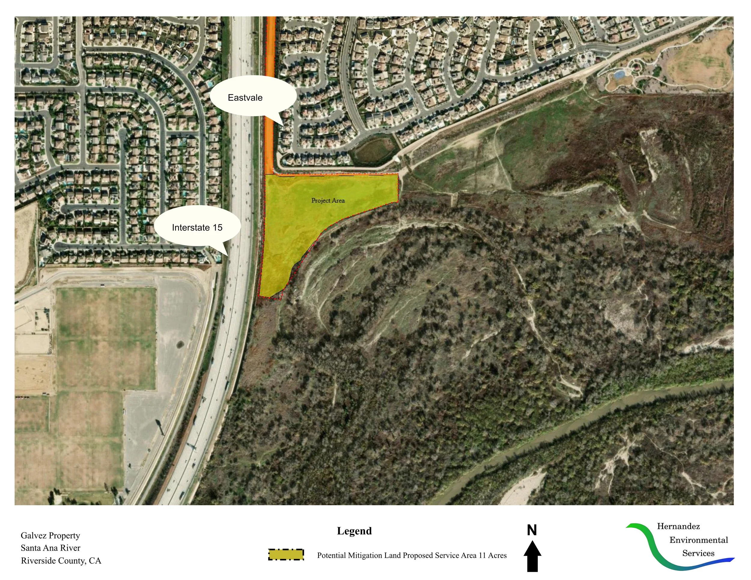 A satellite view map highlighting a section of land for a project area in Riverside County, California, near Interstate 15, with labels for Eastvale, potential mitigation land, and surrounding natural areas.
