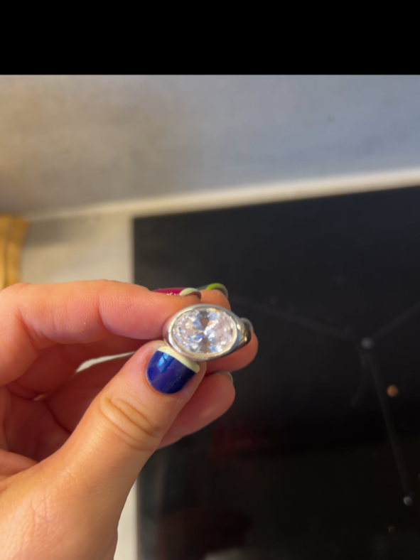 large cubic zirconia and sterling silver ring in an east to west bezel set design.