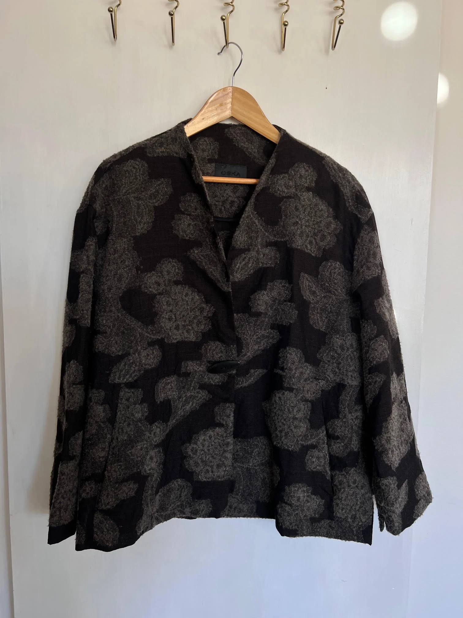 vintage wool jacket, dark grey with light grey floral accents and single marquise button closure