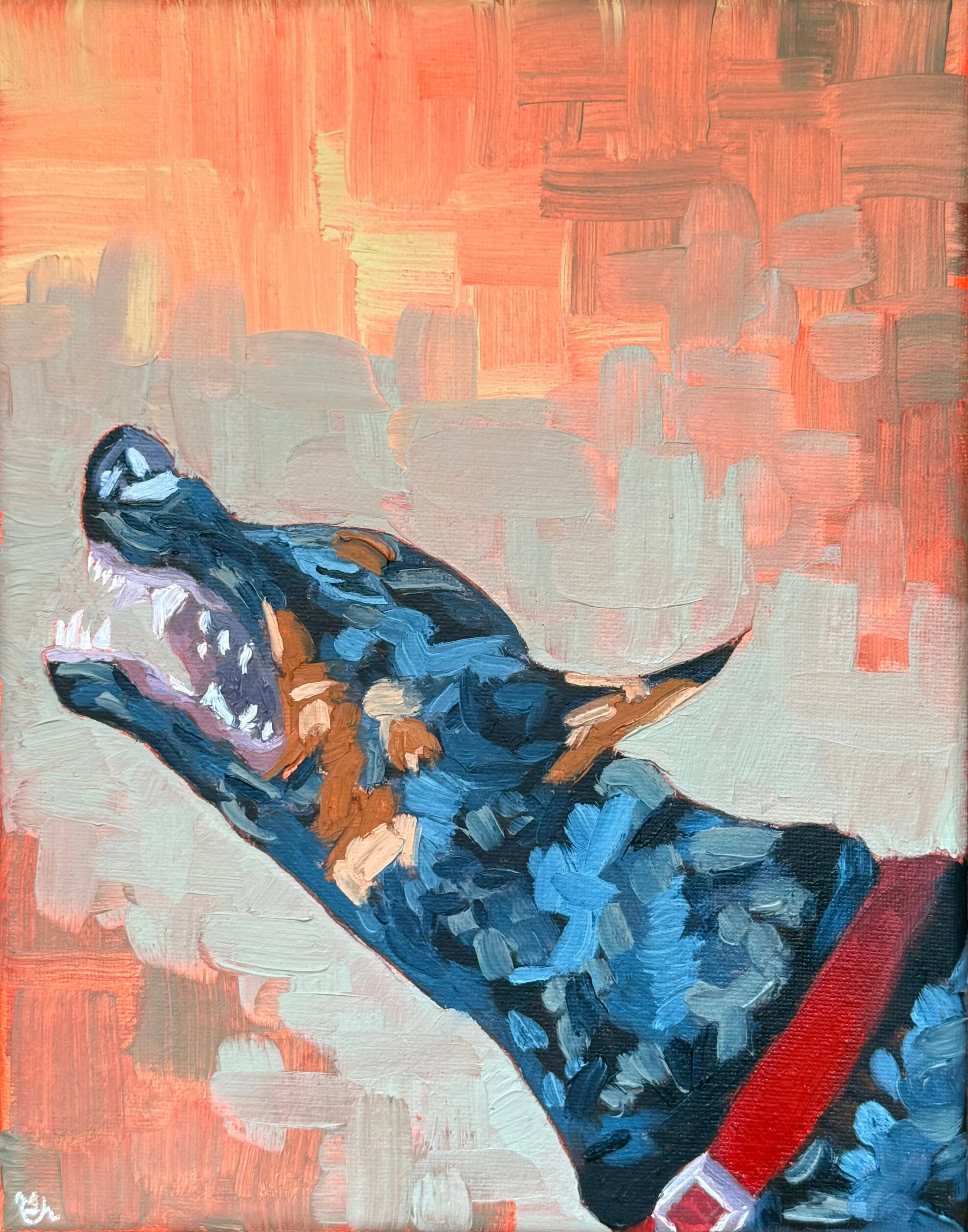 A painting of a Doberman dog with black, white, and blue fur, teeth bared and growling upward with a background of orange and beige brushstrokes.