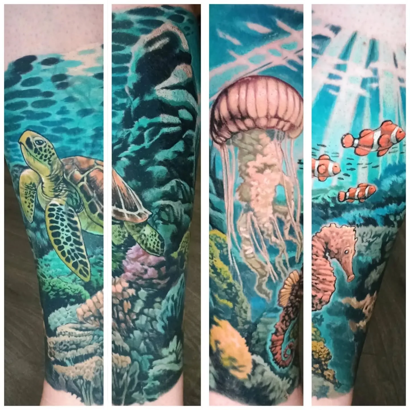 Four-panel view of a colorful underwater ocean-sleeve tattoo featuring sea turtles, a whale, jellyfish, clownfish, coral, and a seahorse.