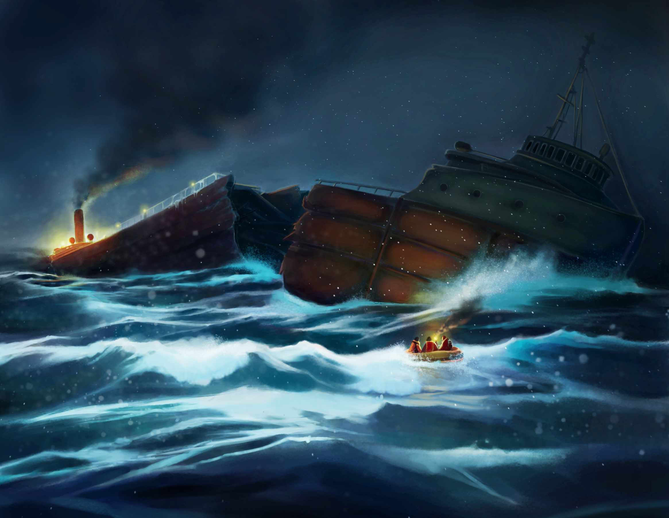 Dramatic nighttime ocean scene with a sinking ship, a nearby rescue boat, rough waves, and falling snow.