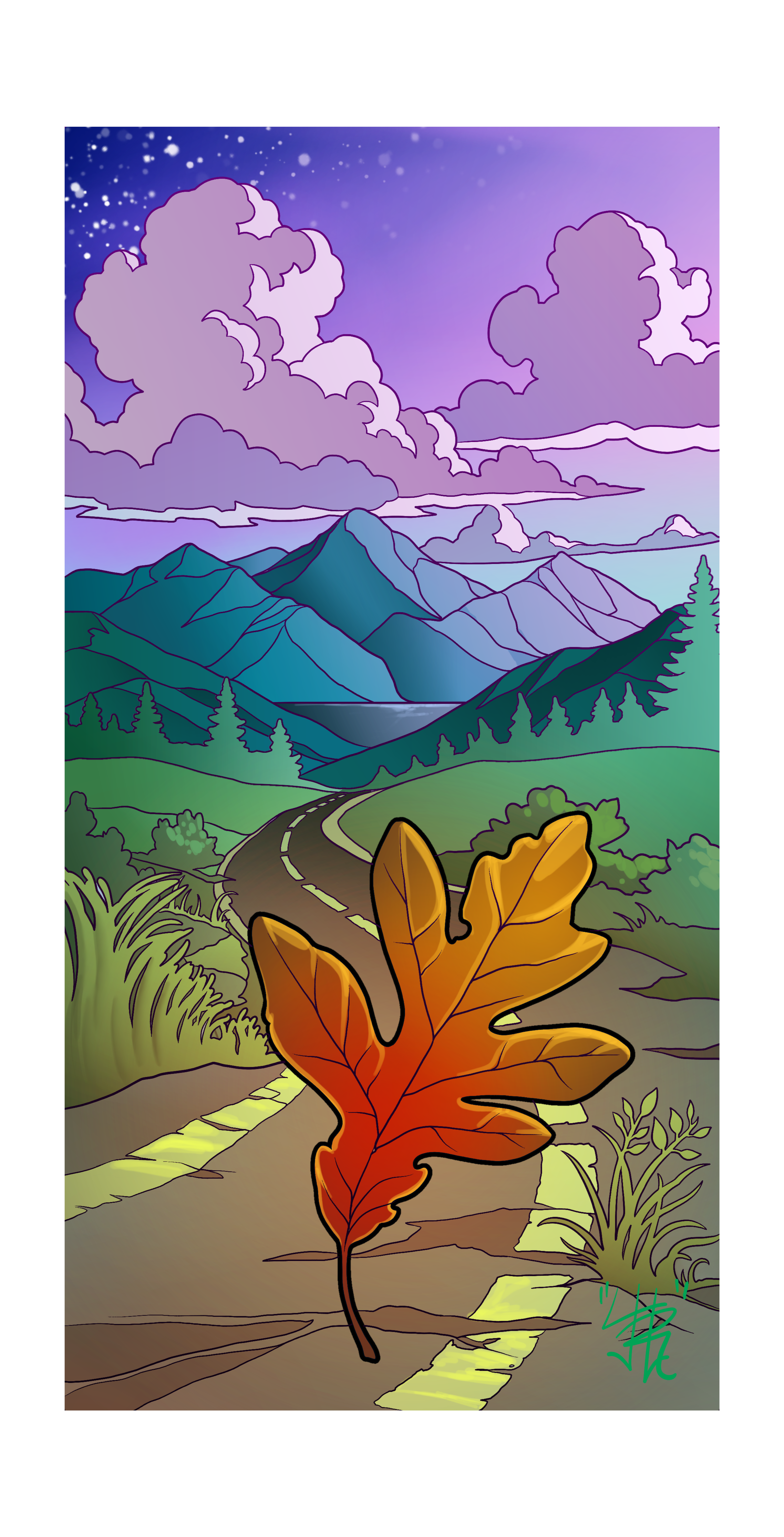 Illustration of an orange autumn leaf on a forest path with evergreen trees, mountains, a winding road, and a purple starry sky.