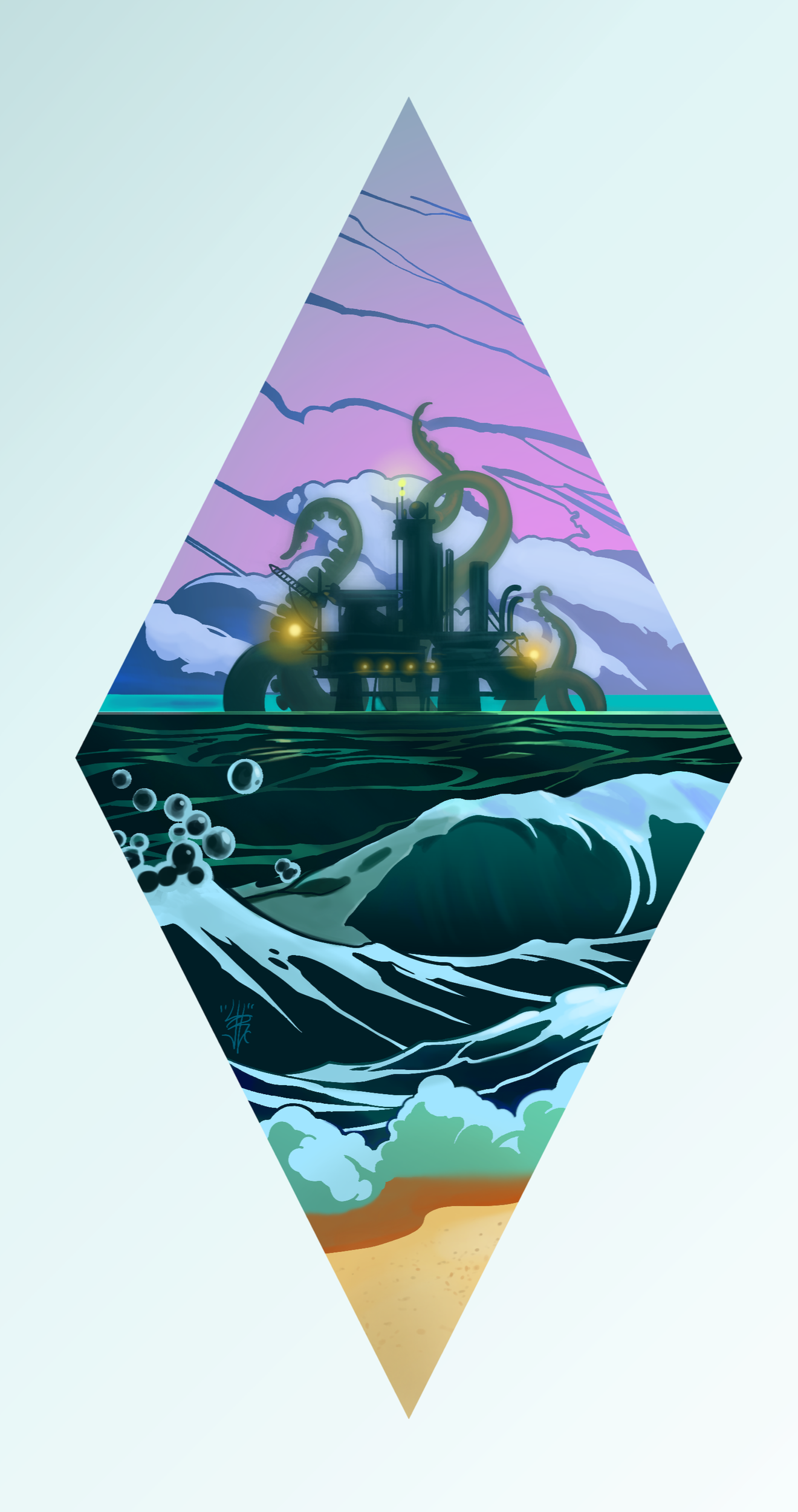 Surreal underwater illustration of a tentacled submarine beneath stormy waves, with ocean depths and sandy seabed in a diamond-shaped frame