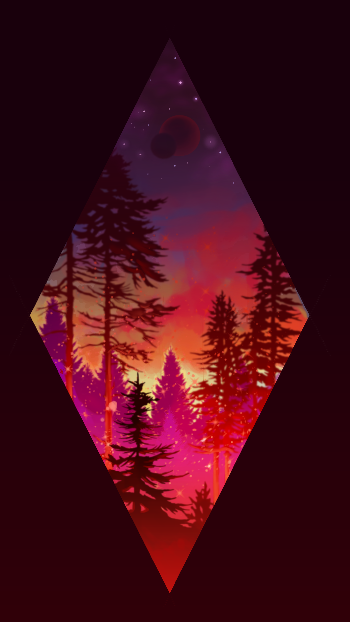 Stylized sunset forest illustration with silhouetted evergreen trees, stars, and overlapping moons inside a geometric diamond shape