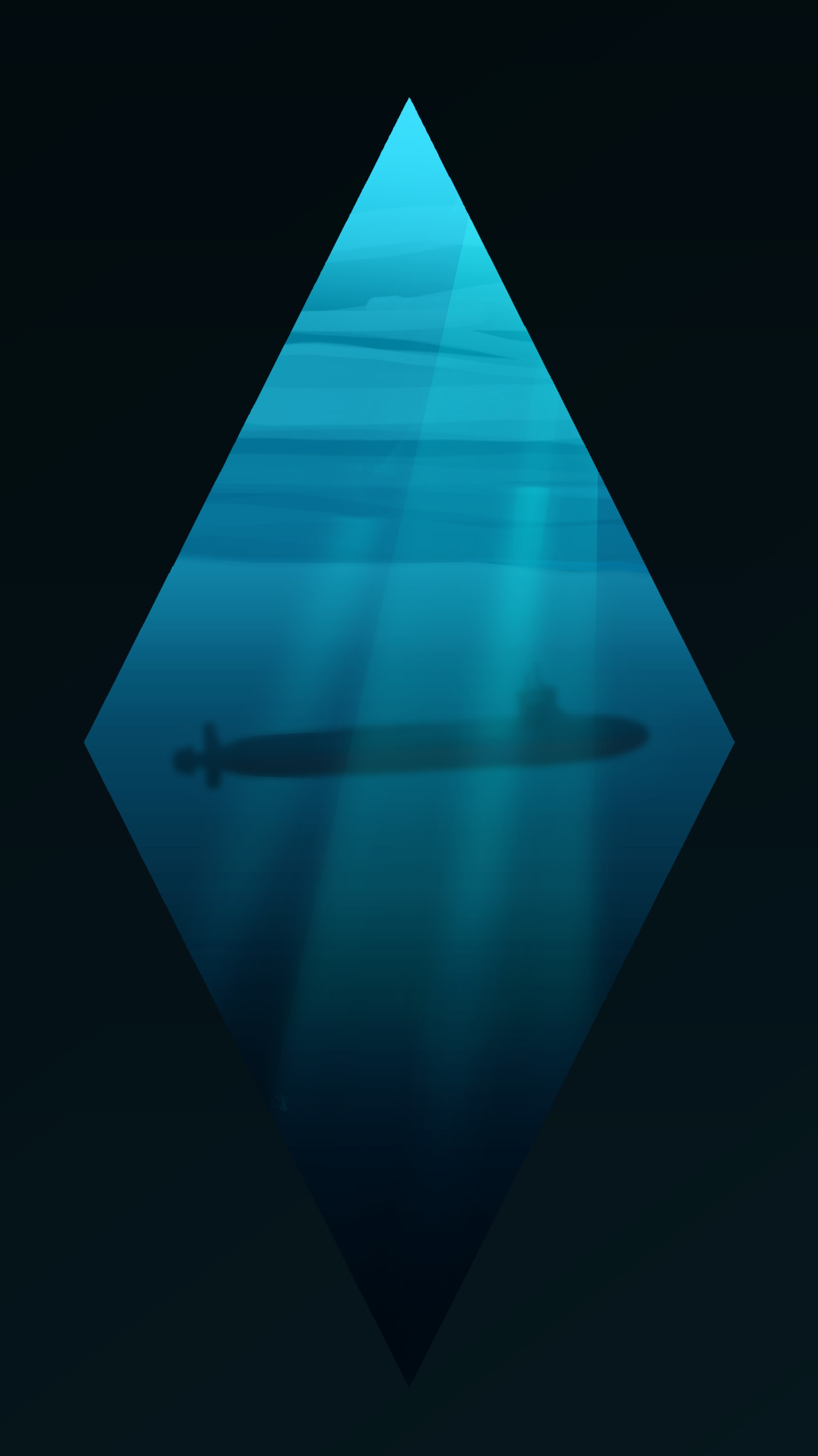 Stylized blue underwater spotlight beam fading into dark water