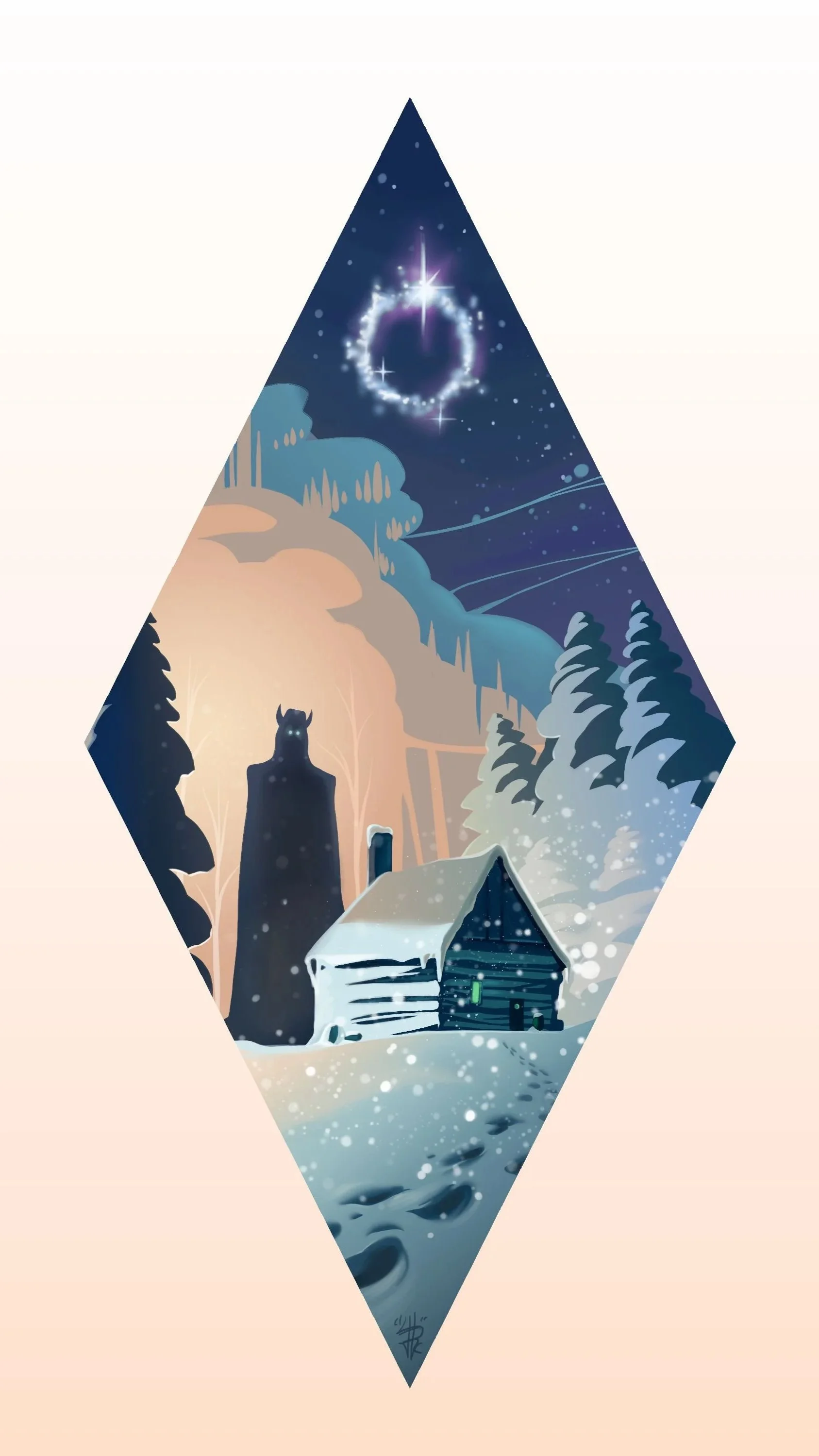 Whimsical winter forest scene with a glowing starry portal, snow-covered cabin, pine trees, and a black cat under a snowy night sky