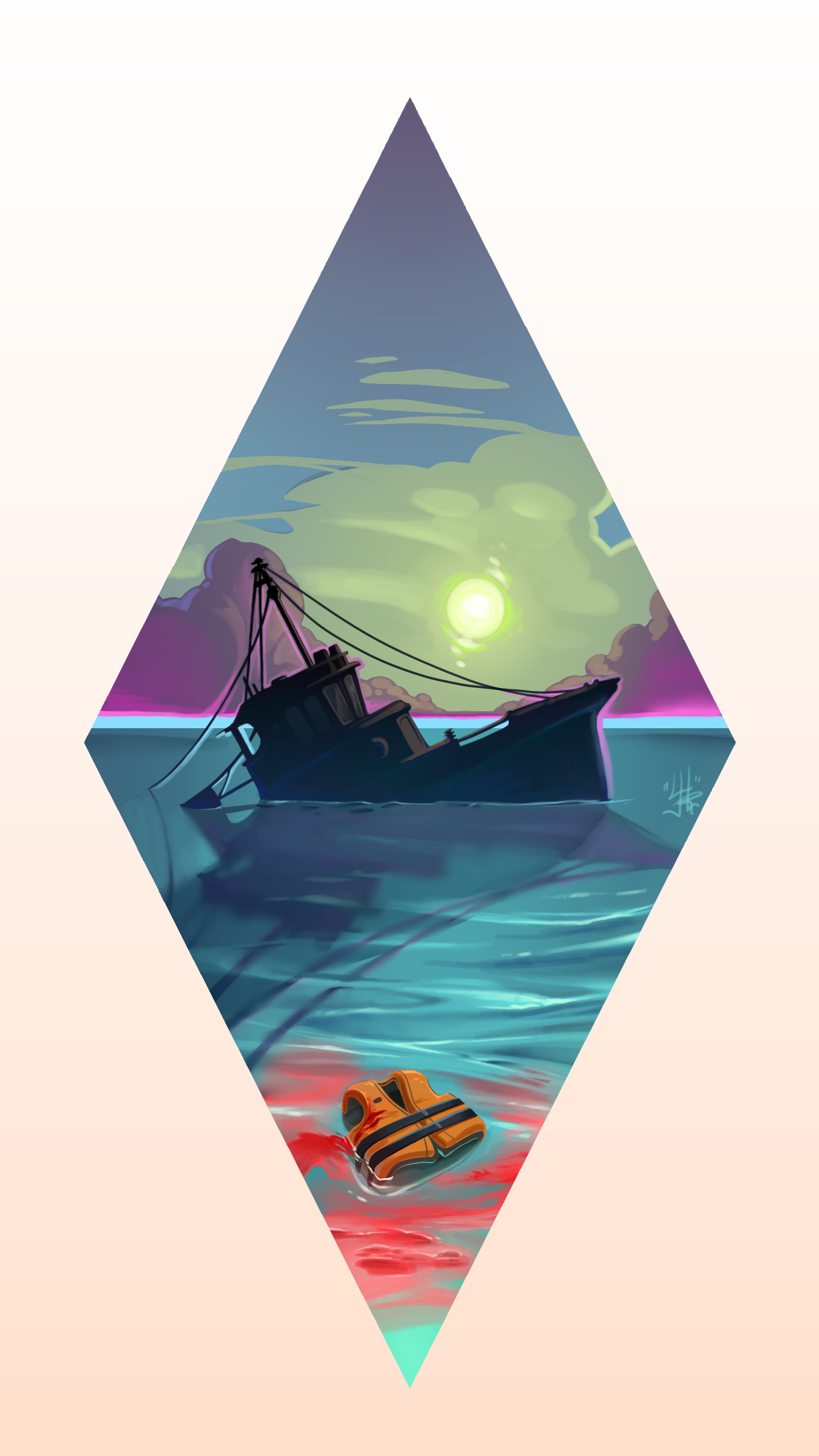Stylized illustration of a sinking fishing boat above an orange life jacket underwater, framed in a tapered geometric shape.