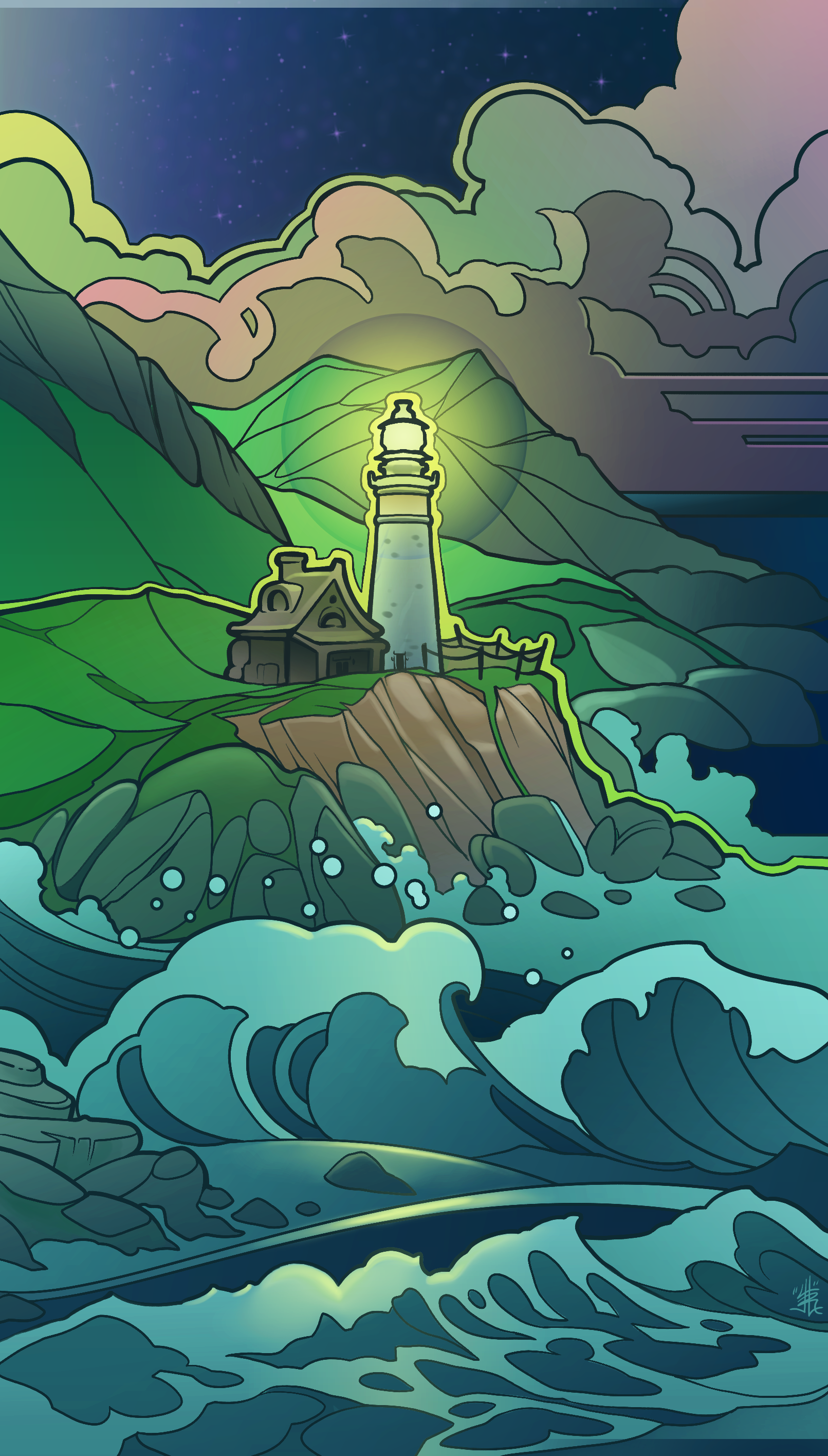 Fantasy illustration of a glowing lighthouse and cottage on a rocky island amid crashing ocean waves under a starry night sky