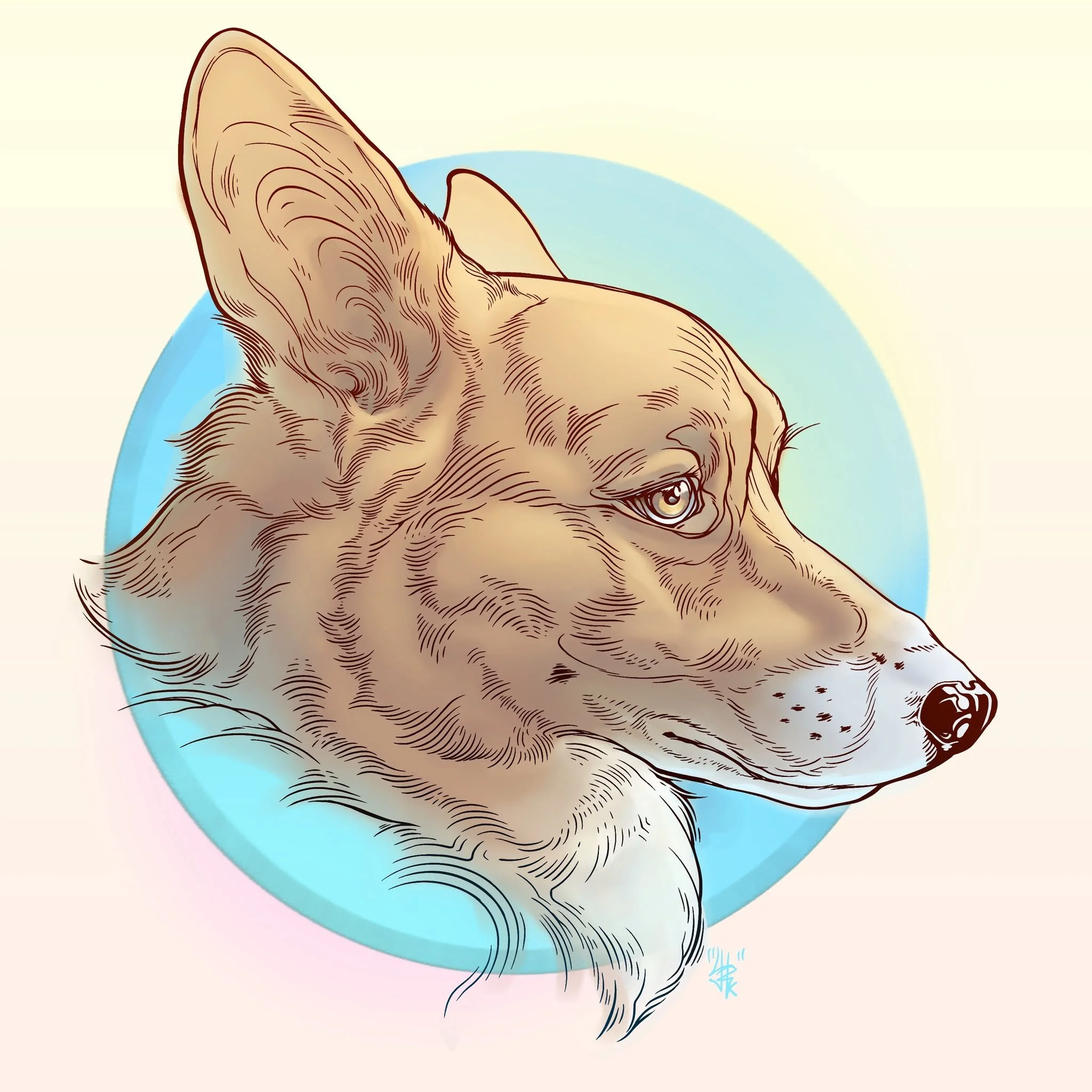 Illustrated close-up profile of a fluffy tan wolf with pointed ears and a blue eye