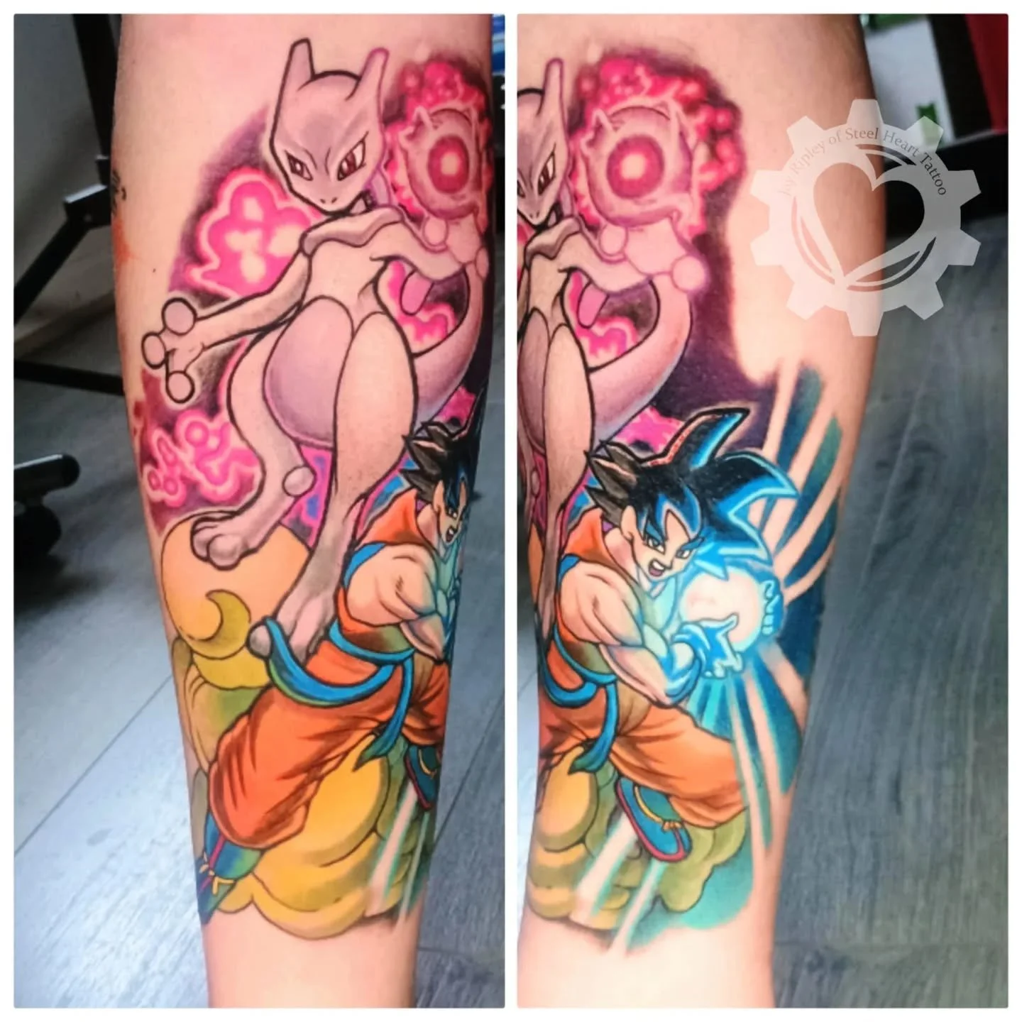 Colorful anime tattoo featuring Mewtwo and Goku with glowing energy effects on a leg