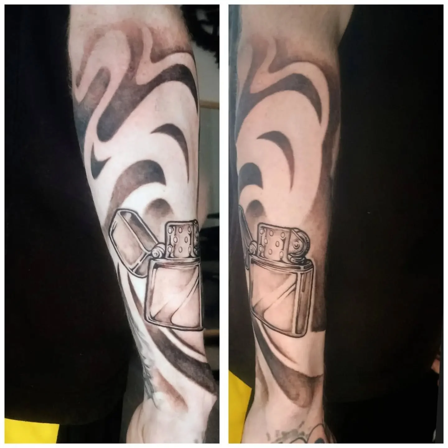 Split-view photo of a forearm tattoo featuring a detailed vintage lighter surrounded by bold black and gray abstract shapes.